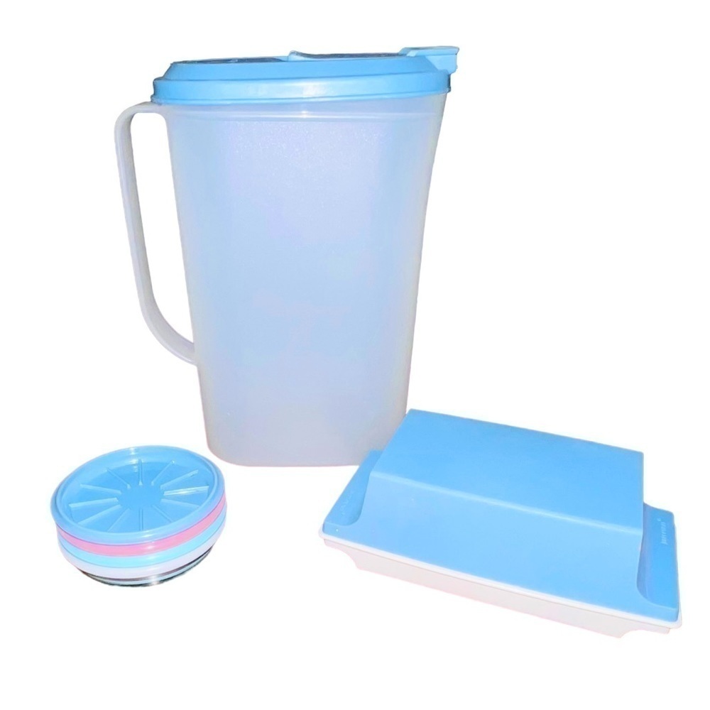 VINTAGE Tupperware Set Tea Juice Pitcher Butter Keeper Coaster/Lids